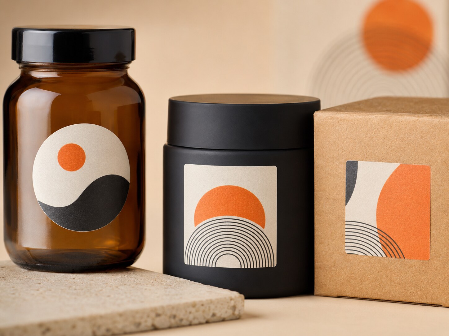 Adesivos personalizados aplicados em vidro, frasco cosmético e caixa kraft